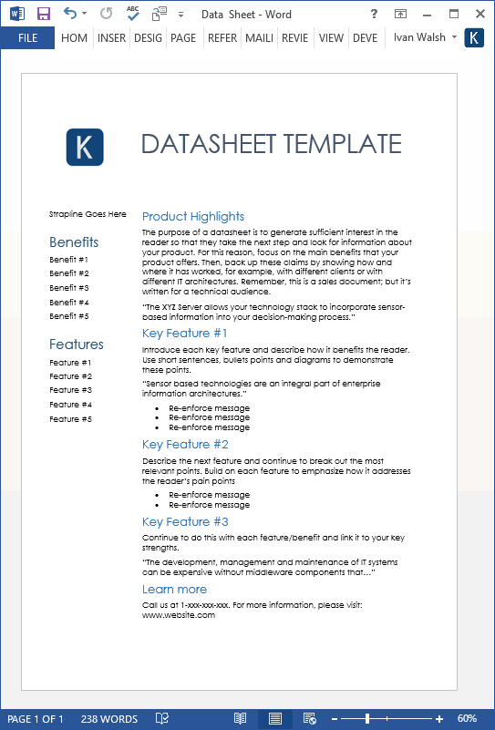 Datasheet Templates (2 x MS Word)