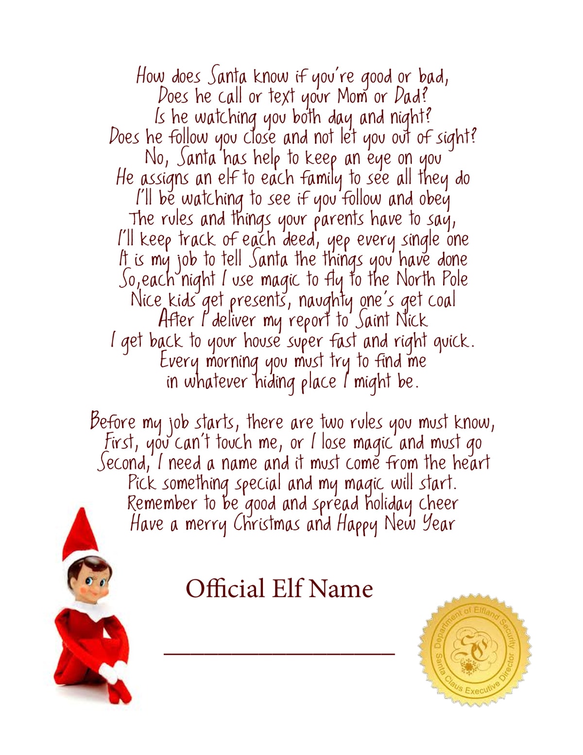 Elf on the Shelf Story FREE Printable Poem Lil' Luna