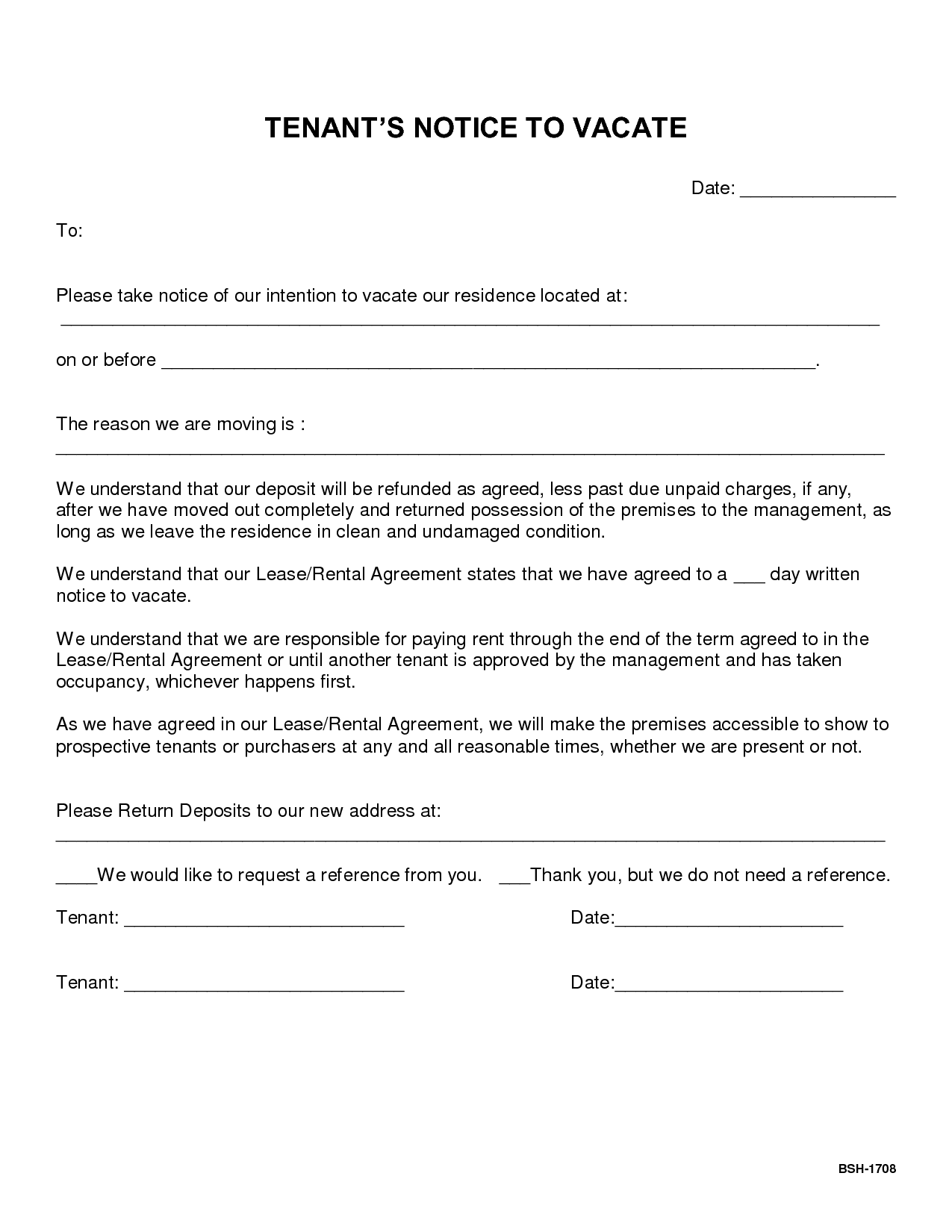 Vacate Notice To Tenant Free Printable Documents