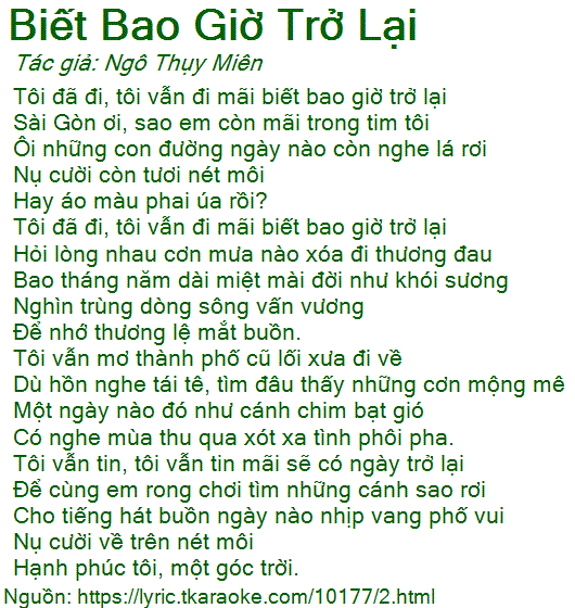 Loi bai hat Biet Bao Gio Tro Lai (Ngo Thuy Mien) [co nhac
