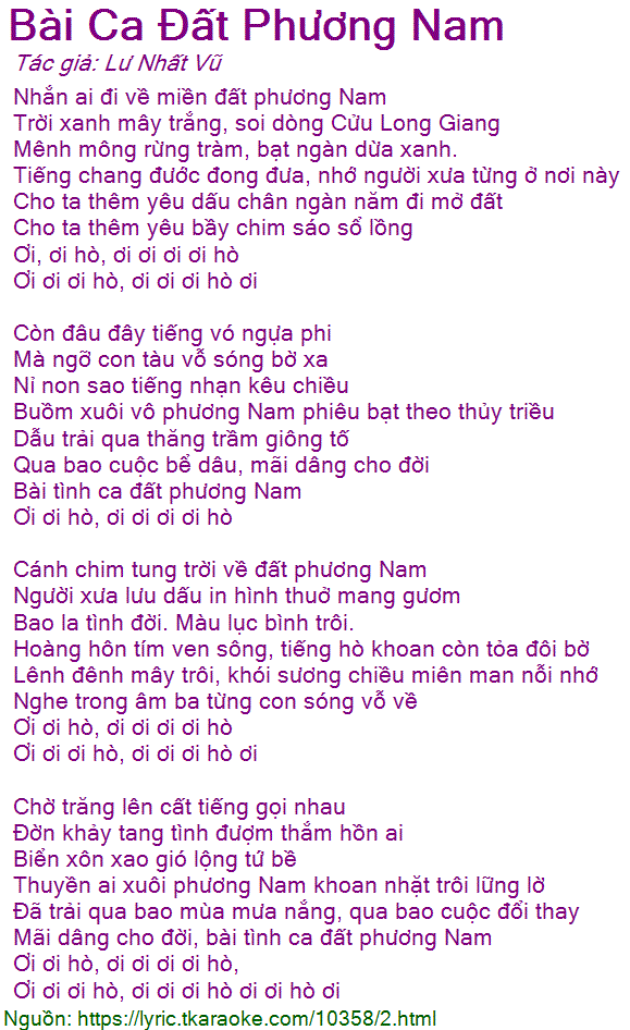 Loi bai hat Bai Ca Dat Phuong Nam (Lu Nhat Vu) [co nhac nghe]