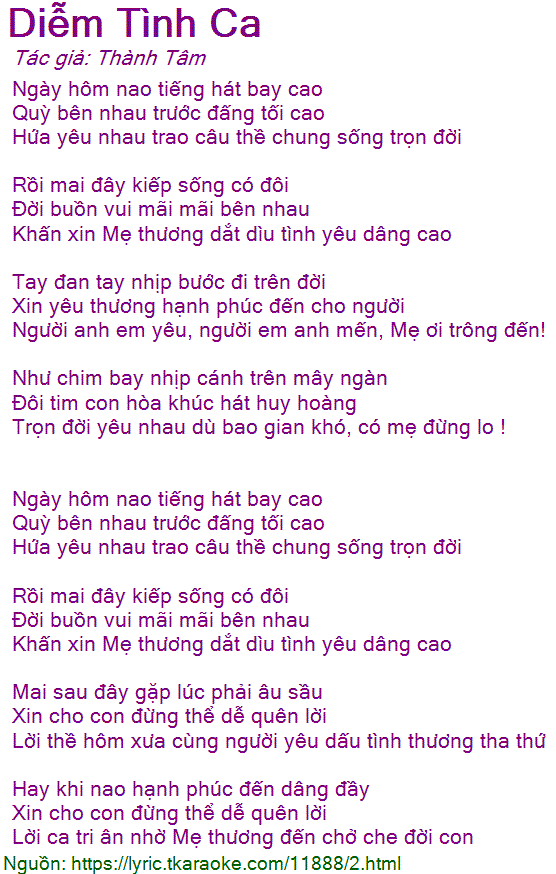Loi bai hat Diem Tinh Ca (Thanh Tam) [co nhac nghe]