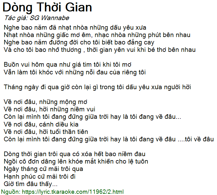 Lời bài hát Dòng Thời Gian (SG Wannabe) [có nhạc nghe][Có