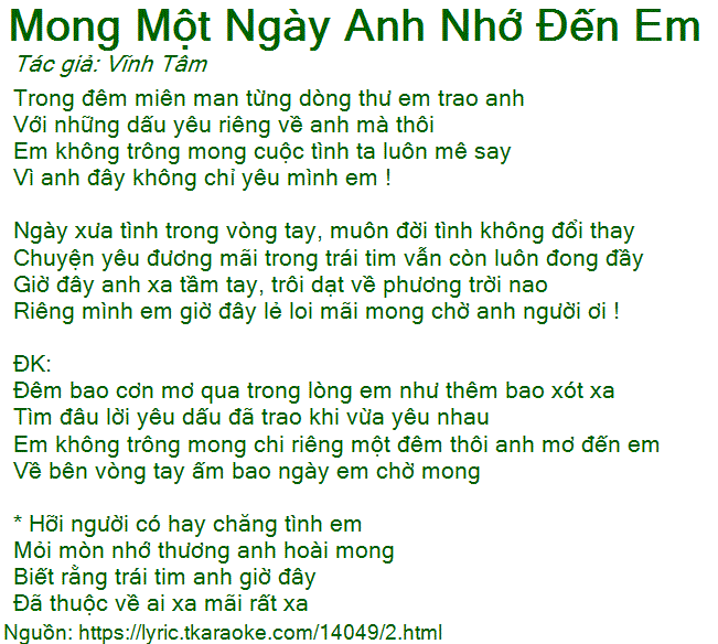 Loi bai hat Mong Mot Ngay Anh Nho Den Em (Vinh Tam)[Co