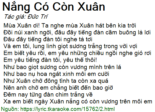 Lời bài hát Nắng Có Còn Xuân (Đức Trí) [có nhạc nghe][Có