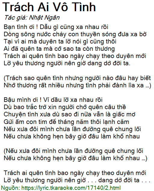 Lời bài hát Trách Ai Vô Tình (Nhật Ngân) [có nhạc nghe][Có
