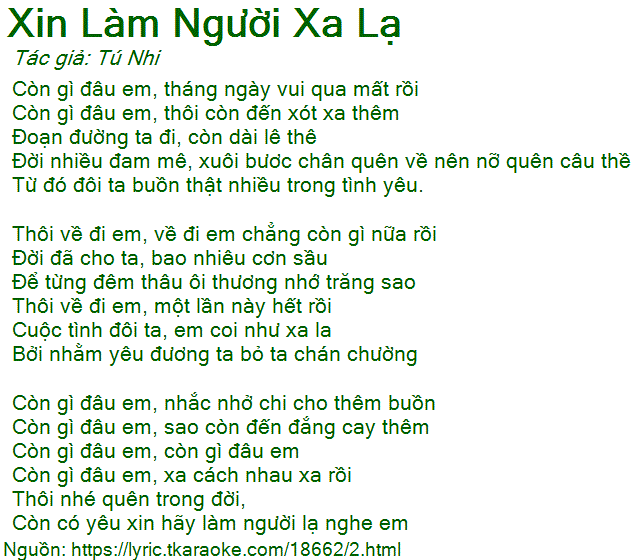 Lời bài hát Xin Làm Người Xa Lạ (Tú Nhi) [có nhạc nghe][Có
