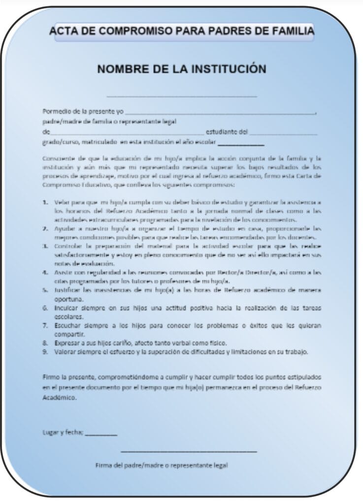 Acta de compromiso para padres de familia Modelo en Word