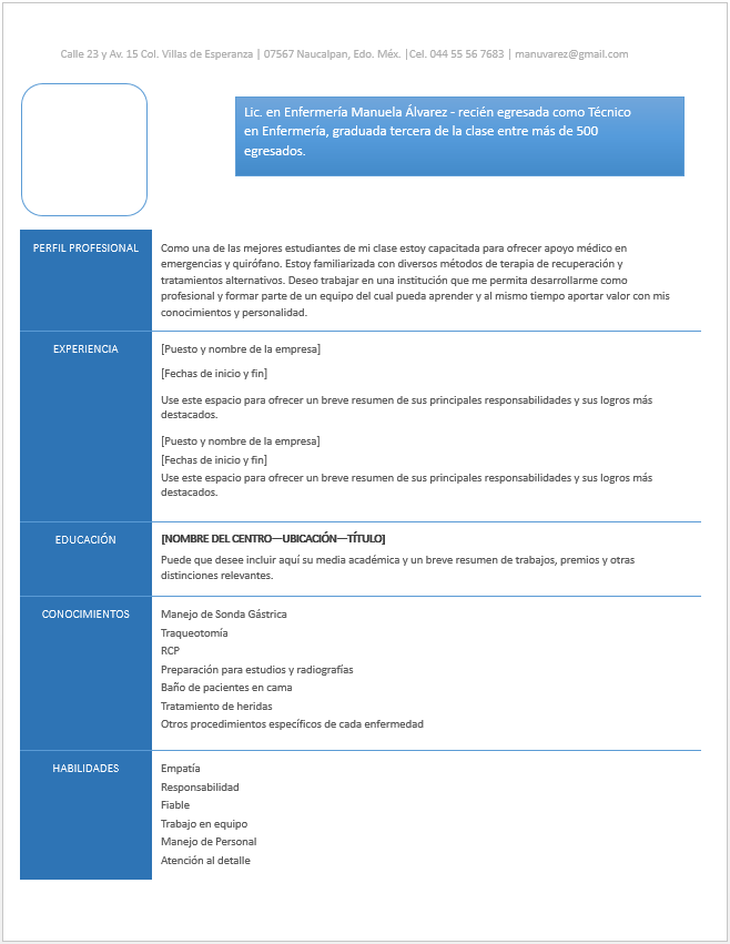 Curriculum Vitae de Enfermería > Ejemplos y Formatos Mil