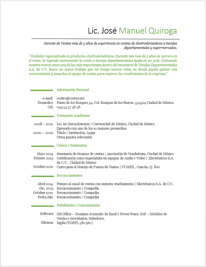 Curriculum Vitae de Vendedor > Ejemplos y Formatos Mil