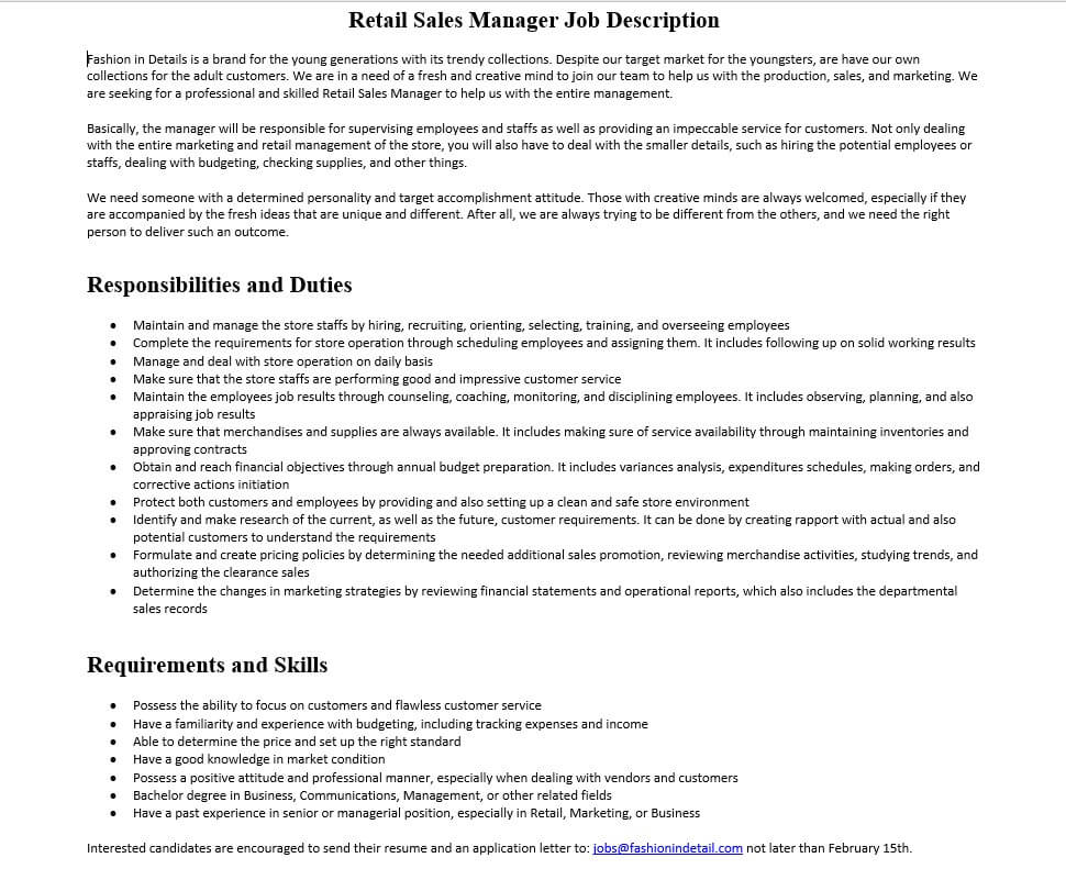 ﻿Retail Sales Manager Job Description Mous Syusa