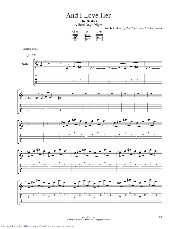 And I Love Her guitar pro tab by Beatles