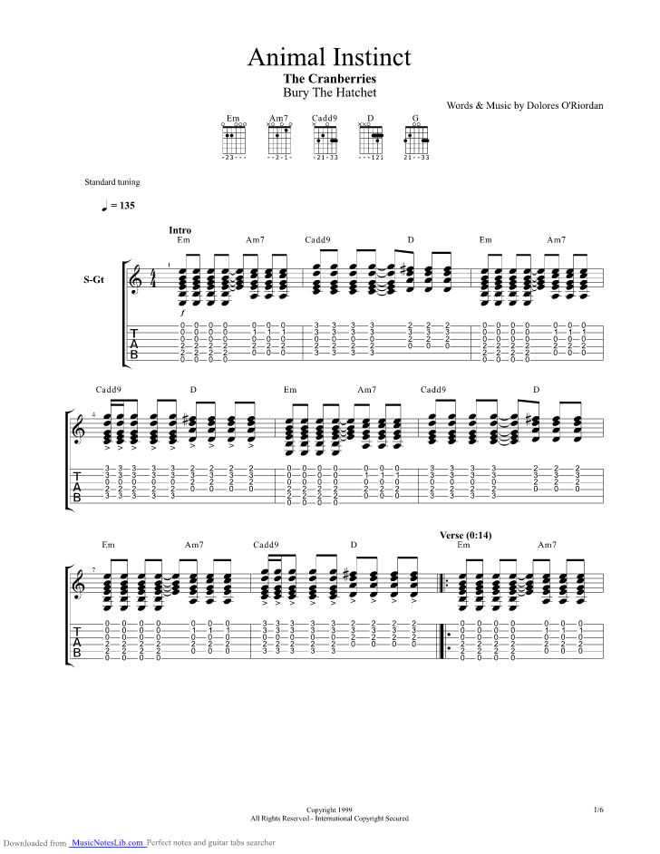 Animal Instinct guitar pro tab by Cranberries