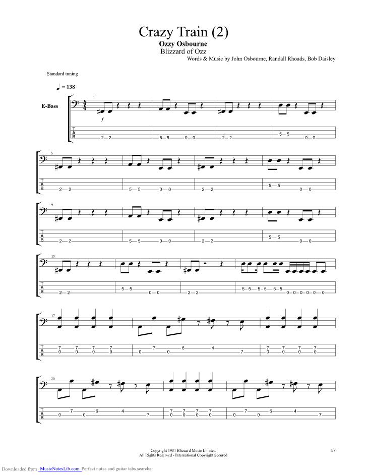 Crazy Train guitar pro tab by Ozzy Osbourne
