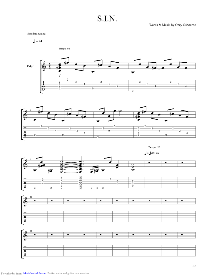 S.I.N guitar pro tab by Ozzy Osbourne