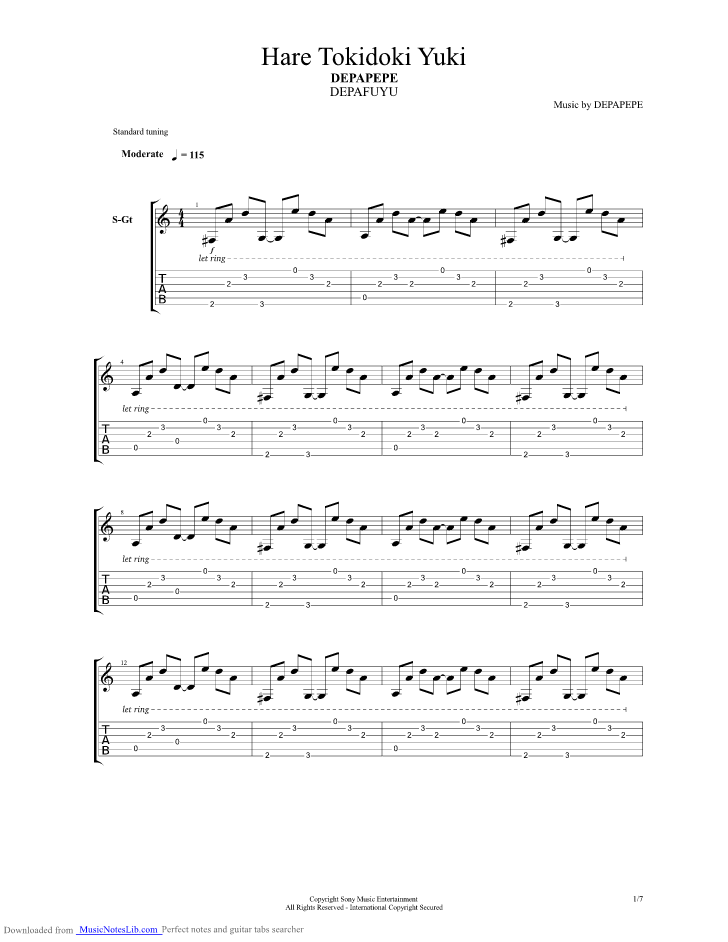 Hare Tokidoki Yuki guitar pro tab by Depapepe