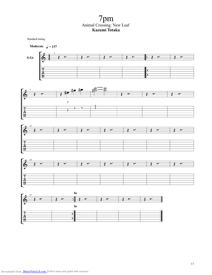 Animal Crossing Wild World New Leaf 7pm guitar pro tab