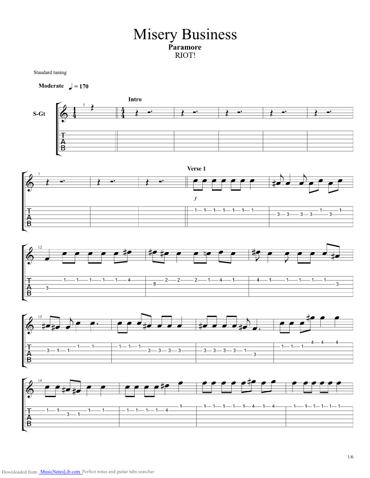 Misery business guitar pro tab by Paramore