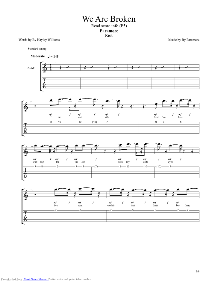 We Are Broken guitar pro tab by Paramore