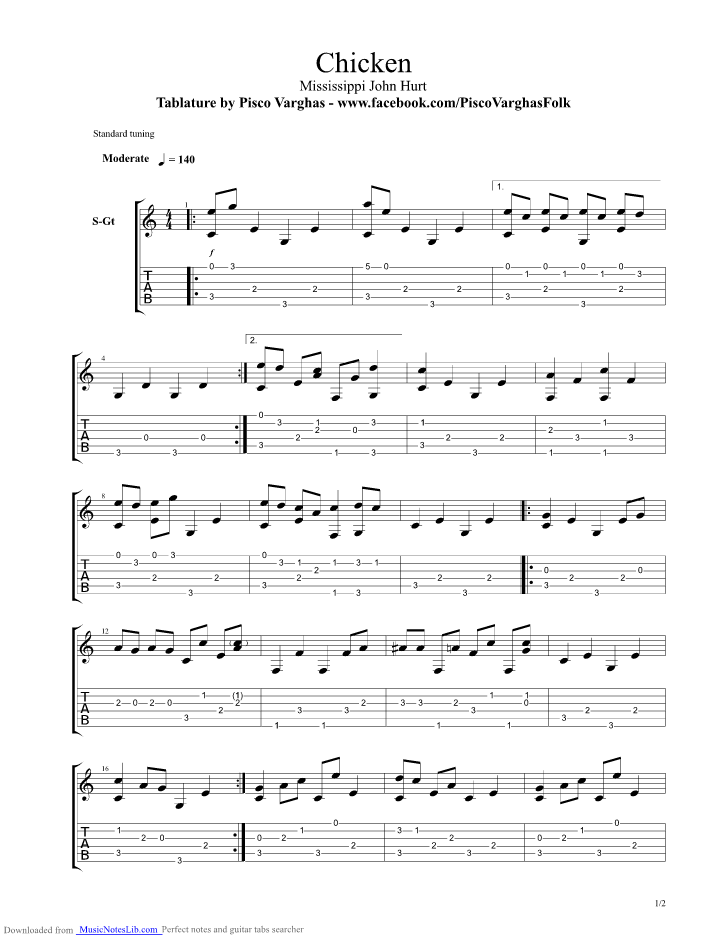 Chicken guitar pro tab by Mississippi John Hurt