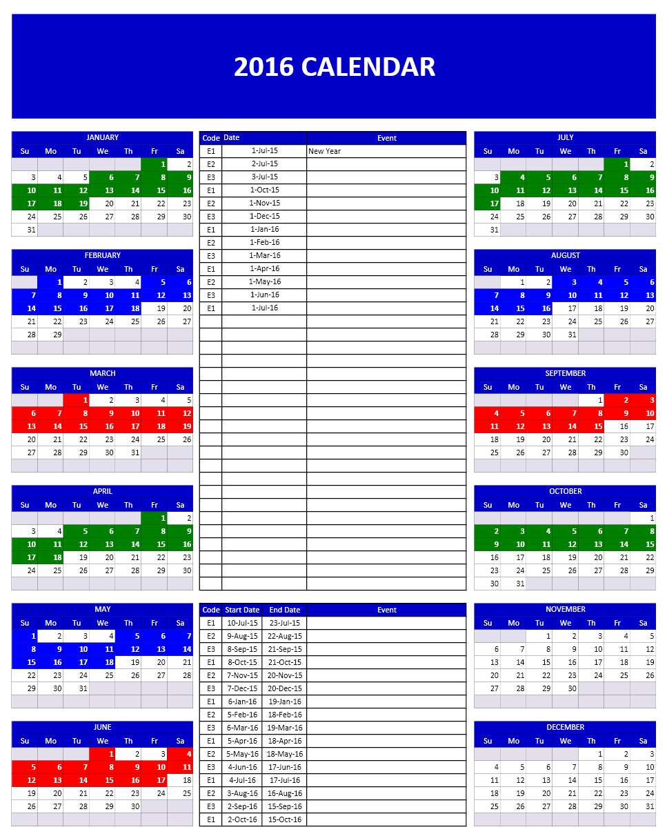 2016 Calendar Templates Microsoft and Open Office Templates