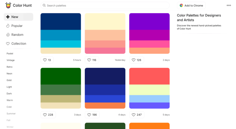 Access colorhunt.co. Color Hunt Color Palettes for Designers and Artists