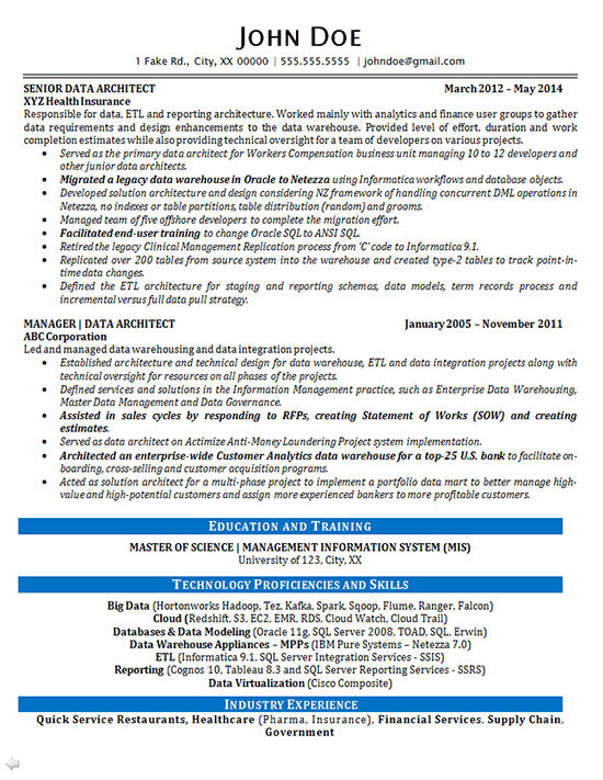Data Architect Resume Example Data Analytics IT Consultant
