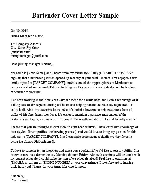 Bartender Cover Letter Sample & Tips Resume Companion