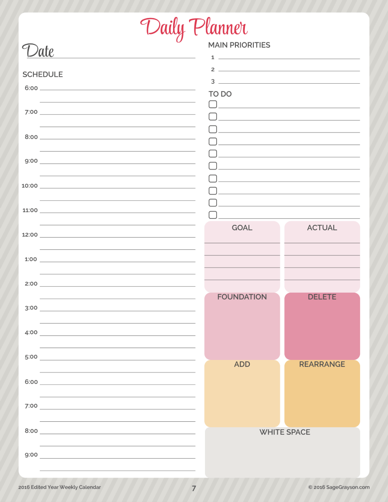 Free Printable Worksheet Daily Planner for 2016 Sage