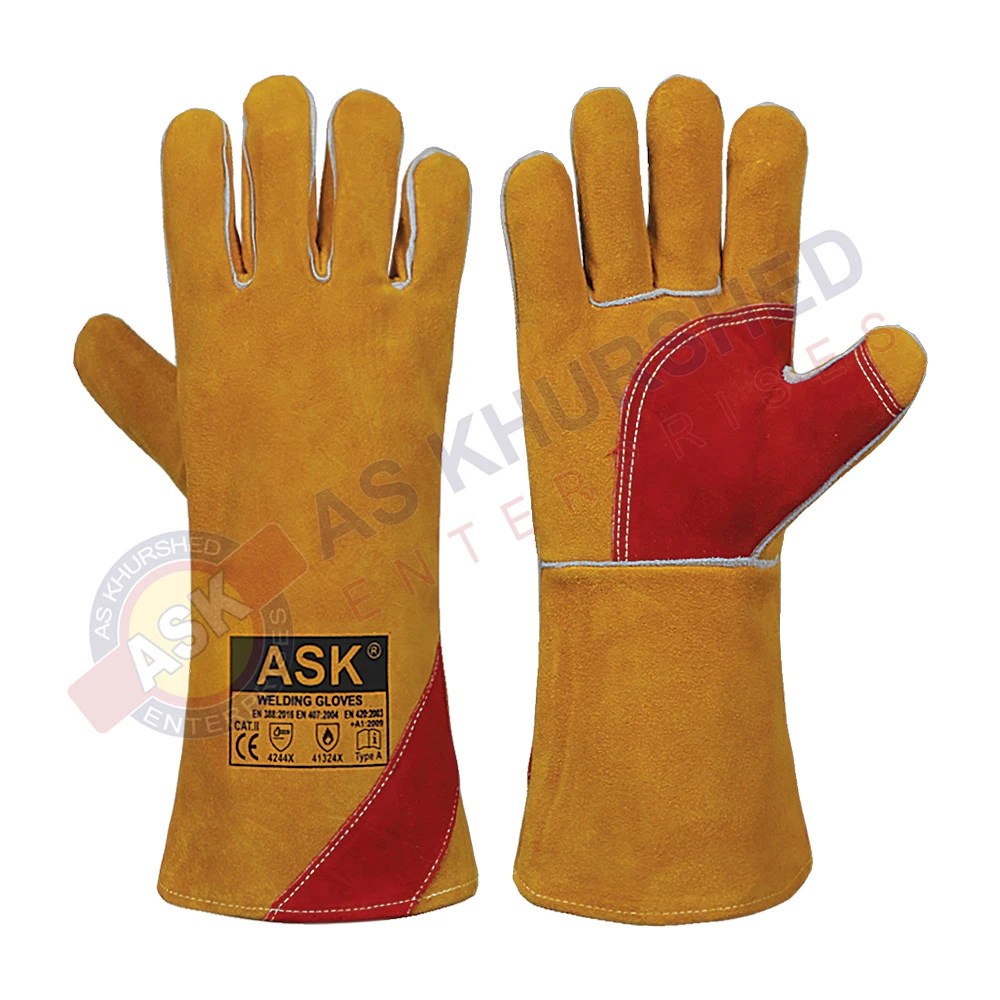 En388 En420 En407 Good Quality Yellow Red Professional Safety Gloves Welding Leather Safety Gloves Buy Good Quality Yellow Red Professional Safety Gloves Wedding Safety Gloves Leather Welding Gloves Bbq