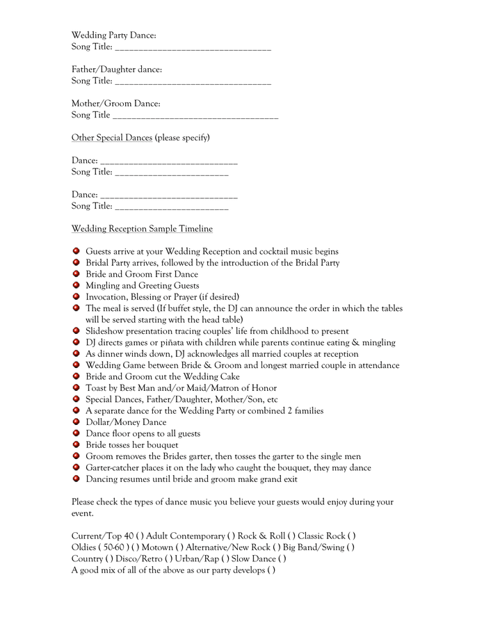 Wedding reception planning worksheet in Word and Pdf