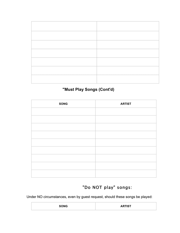 Wedding dj worksheet template in Word and Pdf formats