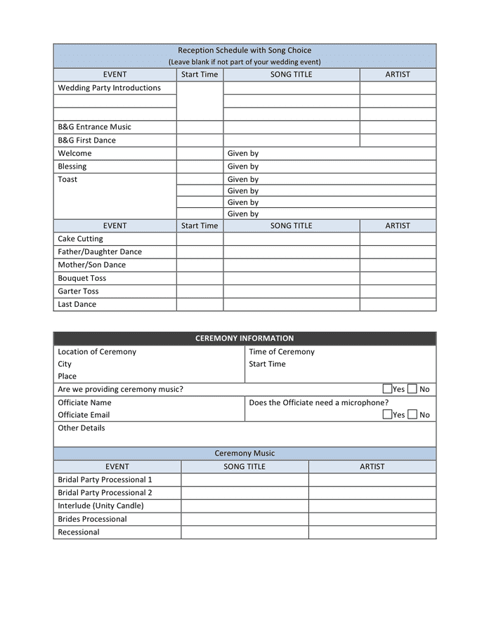 Wedding reception & ceremony planner in Word and Pdf