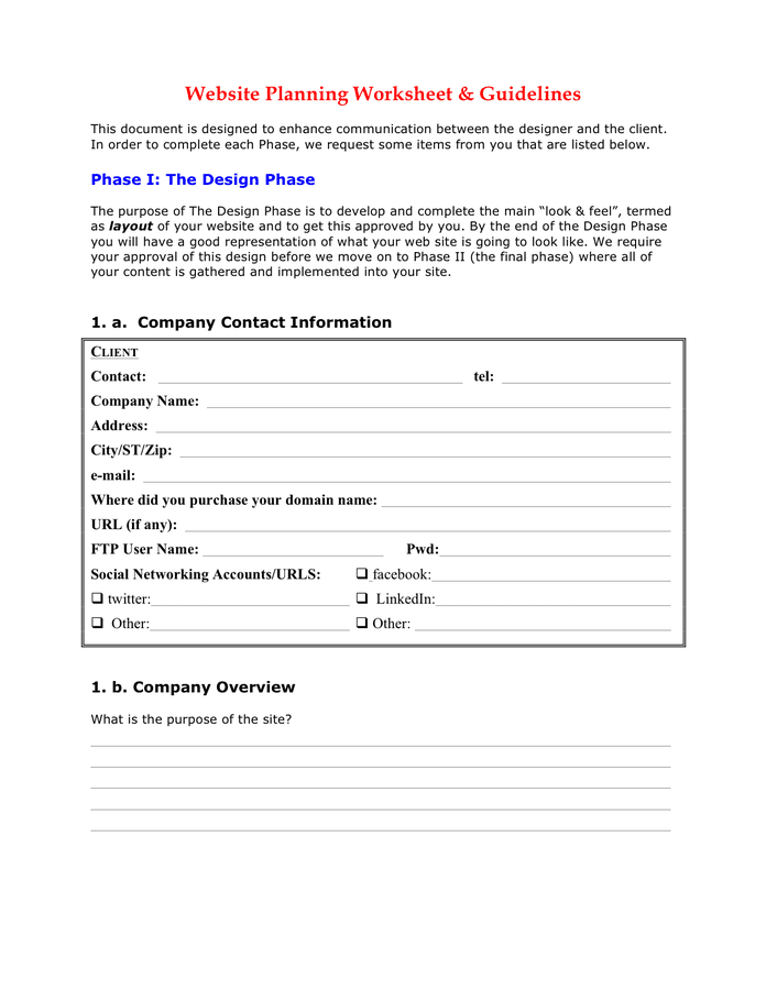 Website planning worksheet template in Word and Pdf formats