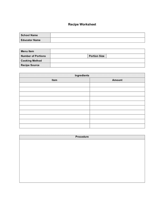 Recipe worksheet template in Word and Pdf formats