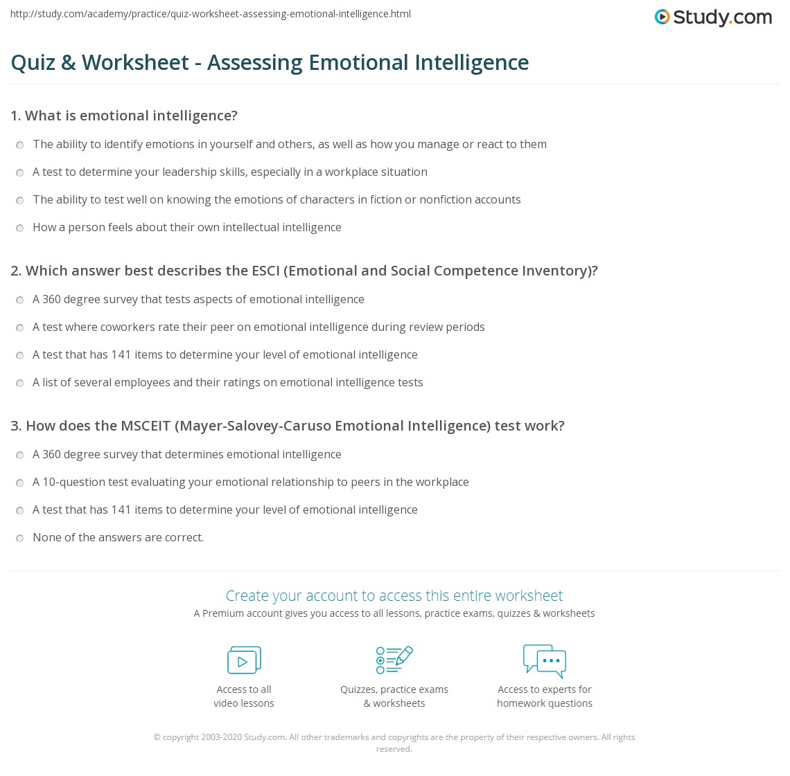 Quiz & Worksheet Assessing Emotional Intelligence