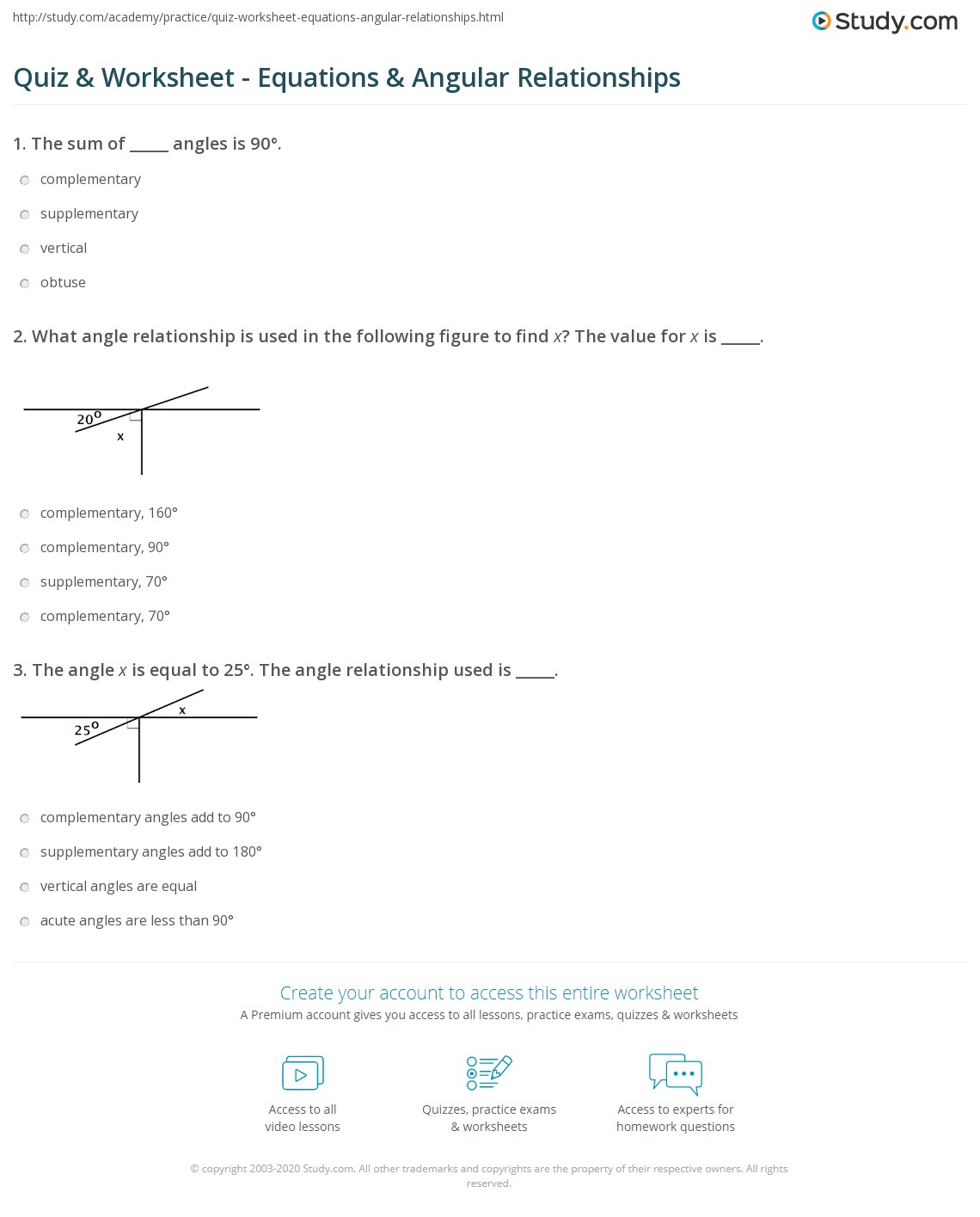Quiz & Worksheet Equations & Angular Relationships