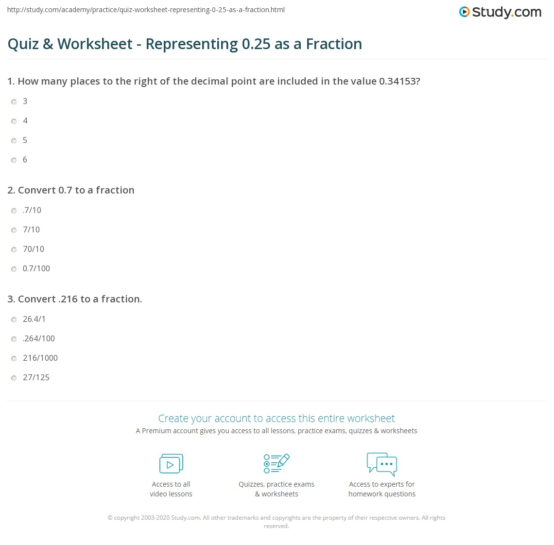 Quiz & Worksheet Representing 0.25 as a Fraction