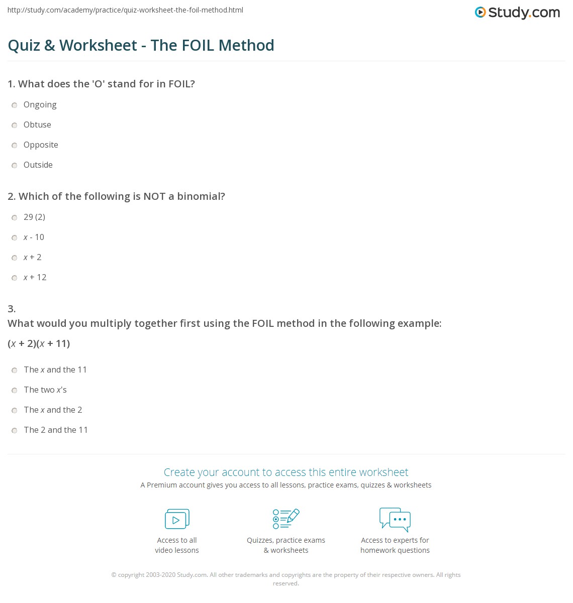 Quiz & Worksheet The FOIL Method