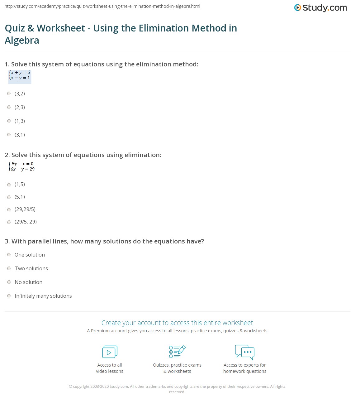 Quiz & Worksheet Using the Elimination Method in Algebra