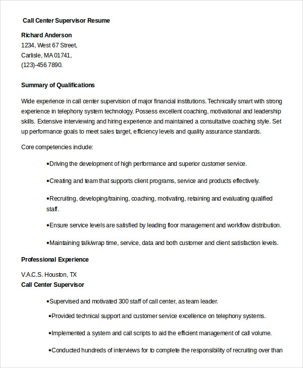 Call Center Manager Resume
