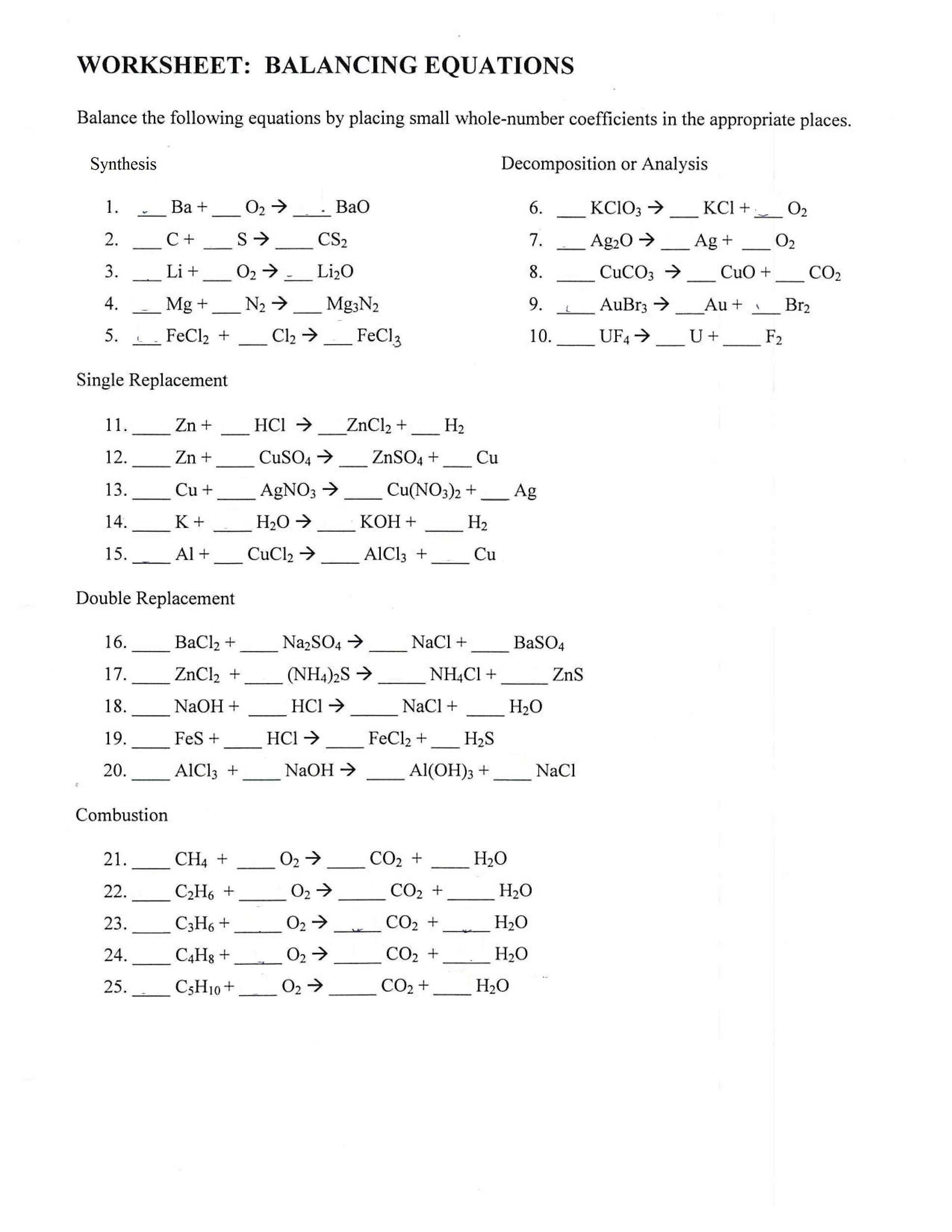 49 Balancing Chemical Equations Worksheets [with Answers]