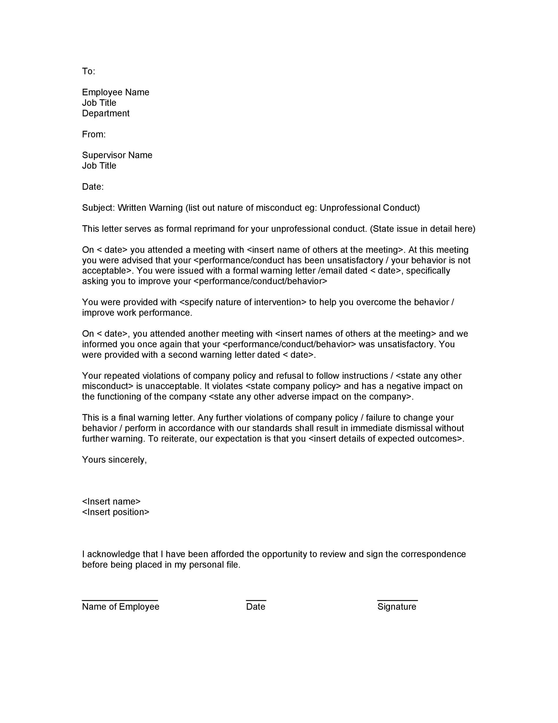 49 Professional Warning Letters (Free Templates) ᐅ TemplateLab