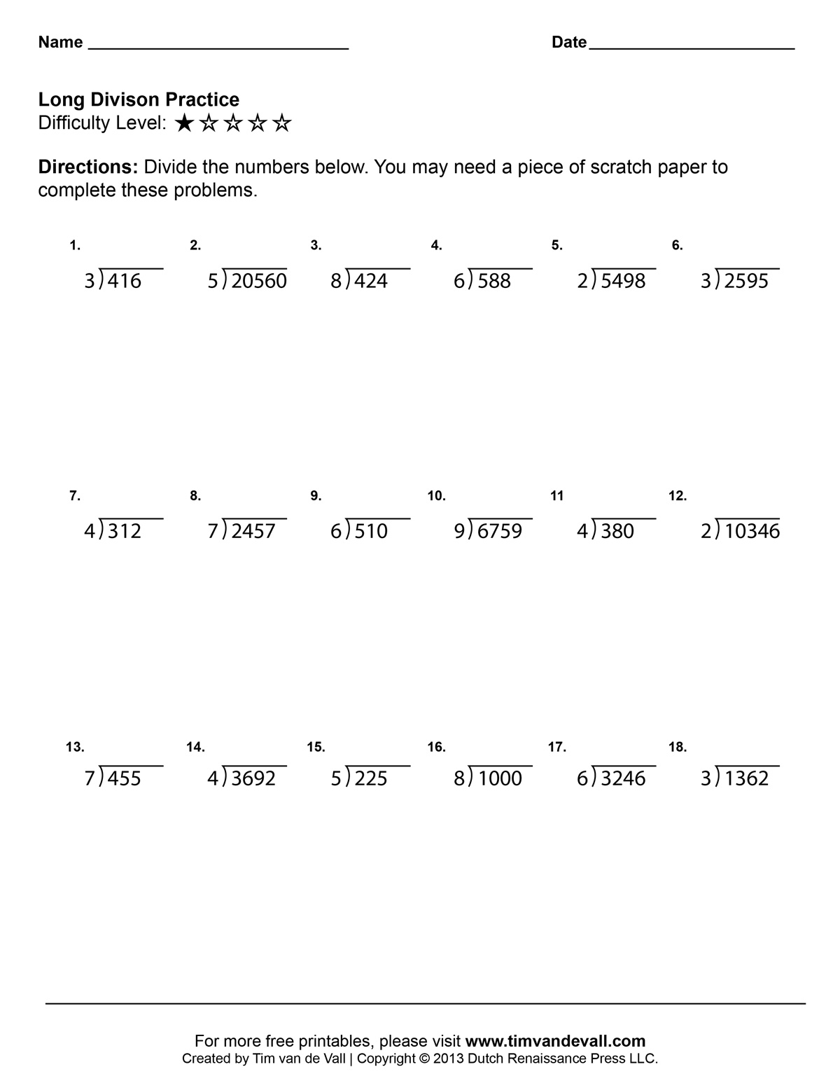 Long Division Worksheets Printable Fourth Grade Math