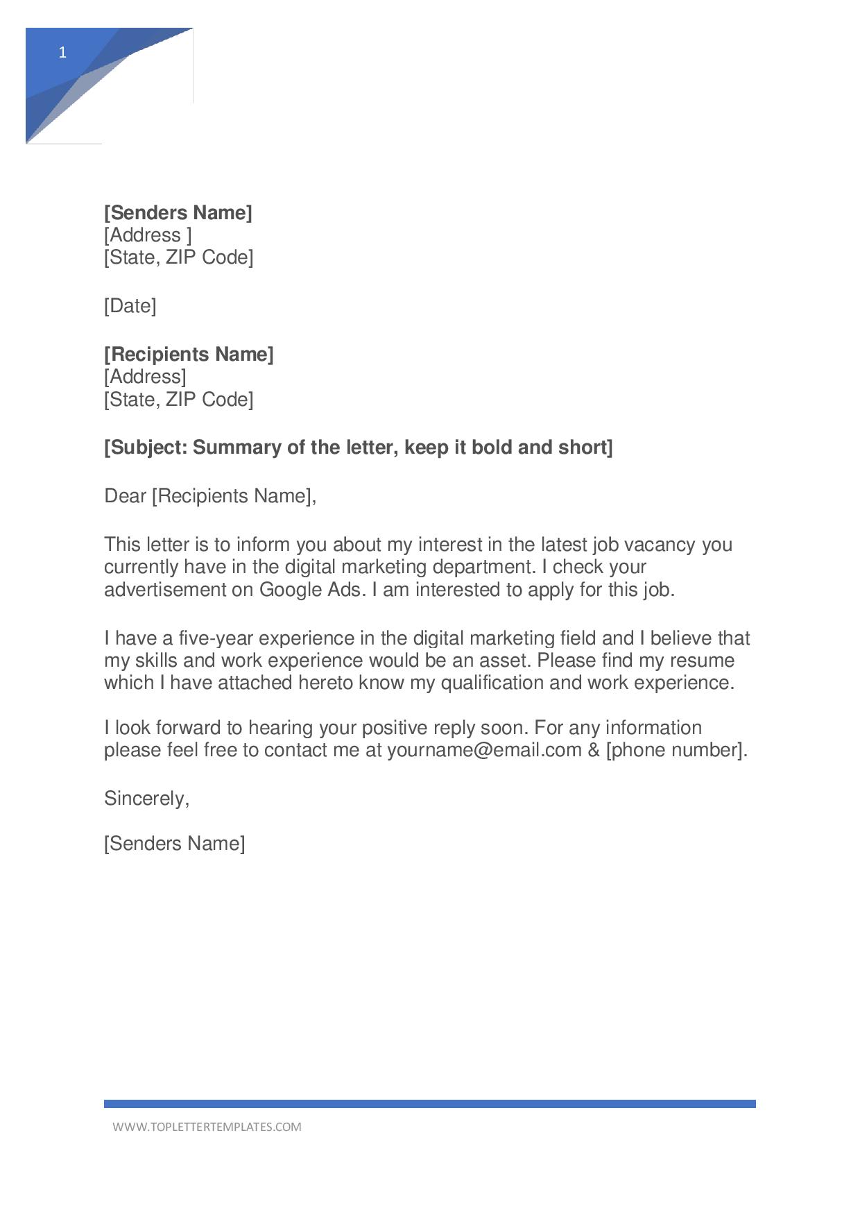 Simple Application Letter Sample for any Vacant Position Word, PDF Top Letter Templates