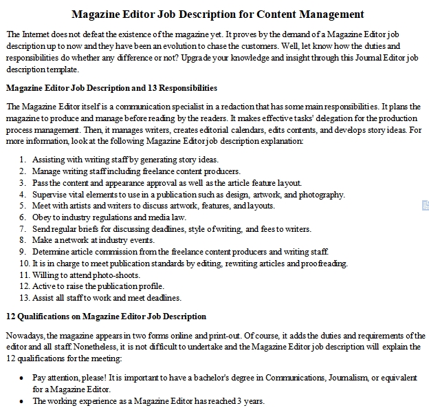 Magazine Editor Job Description for Content Management