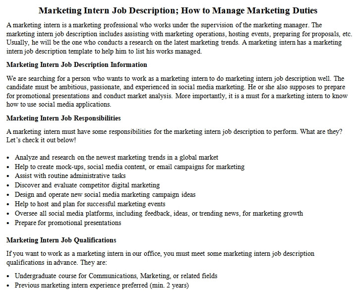 Marketing Intern Job Description; How to Manage Marketing