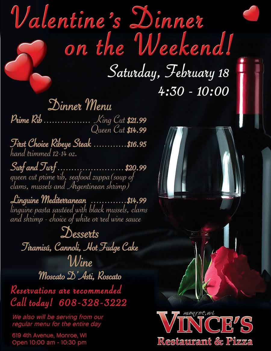 Valentine’s Dinner Vince's Restaurant & Pizzeria Monroe WI