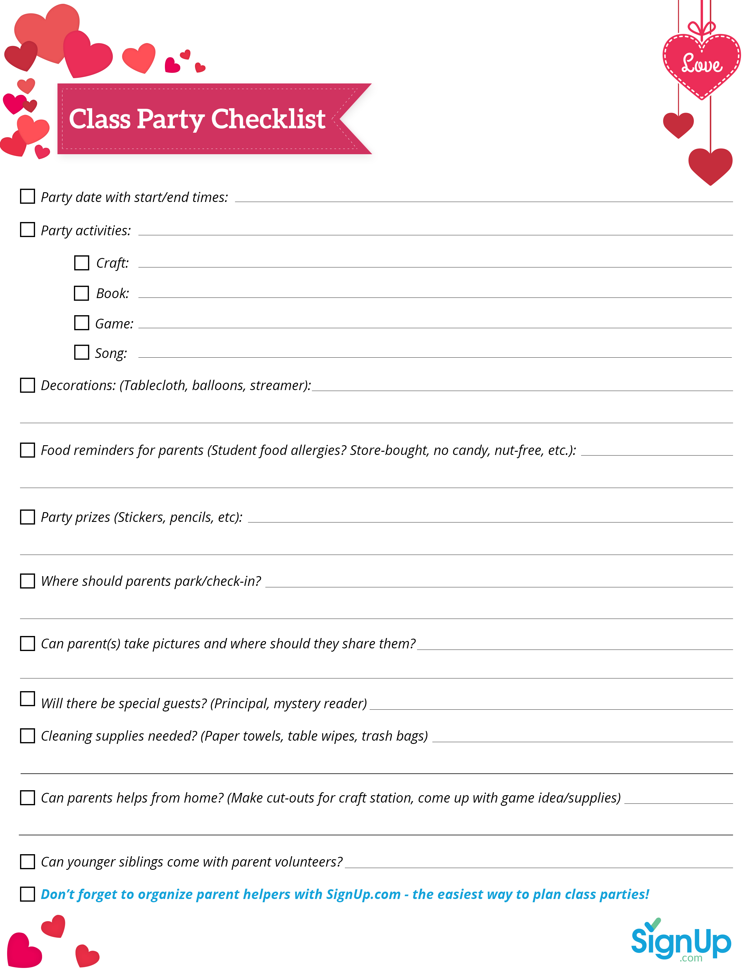 Free Downloadable Valentine's Day Class Party Checklist