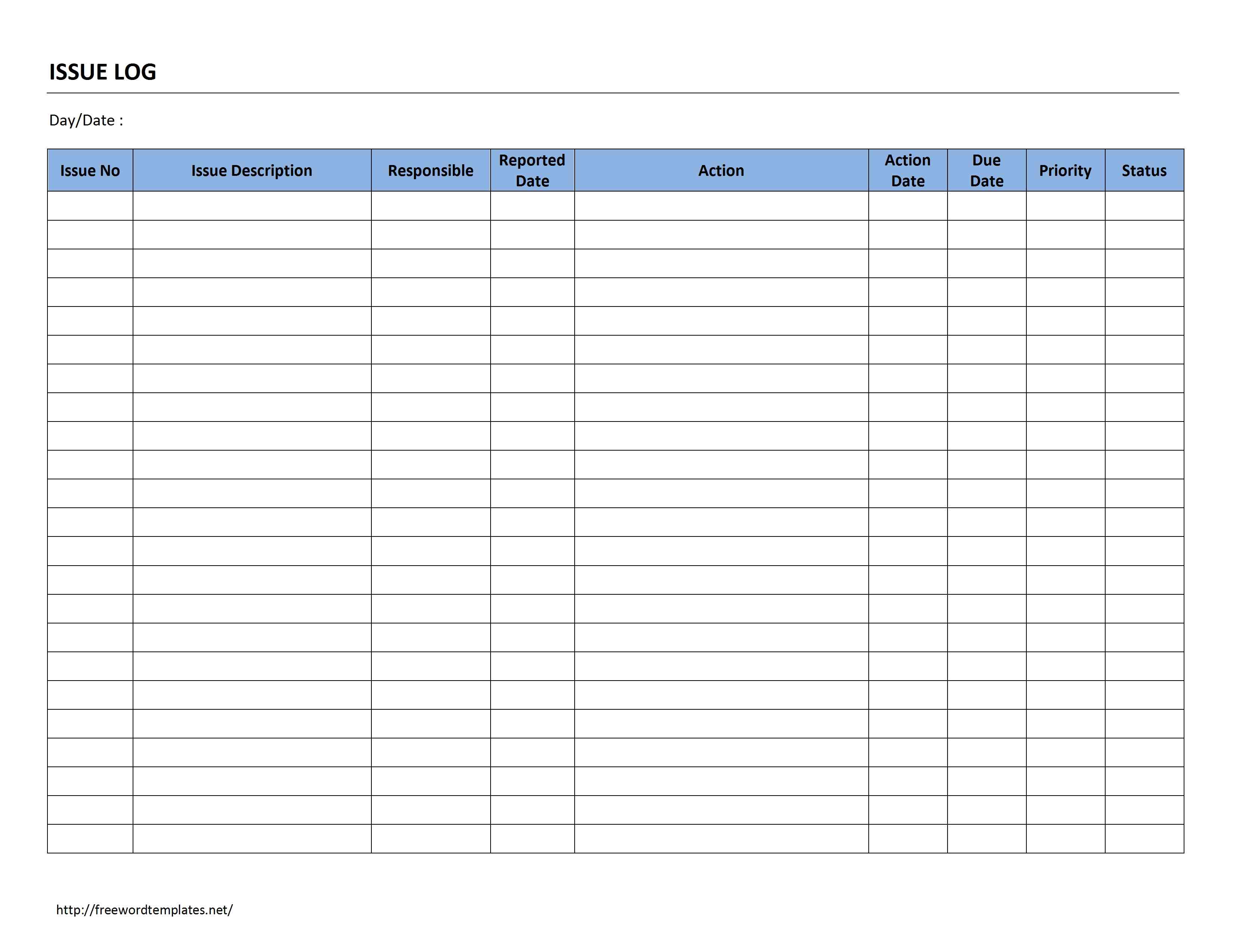 Issue Log Template